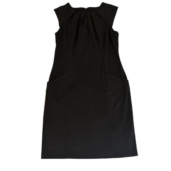 LITTLE BLACK DRESS Midi Scoop/Ruched neck Zipper Cap sleeves Pockets Size 10 - Picture 4 of 7